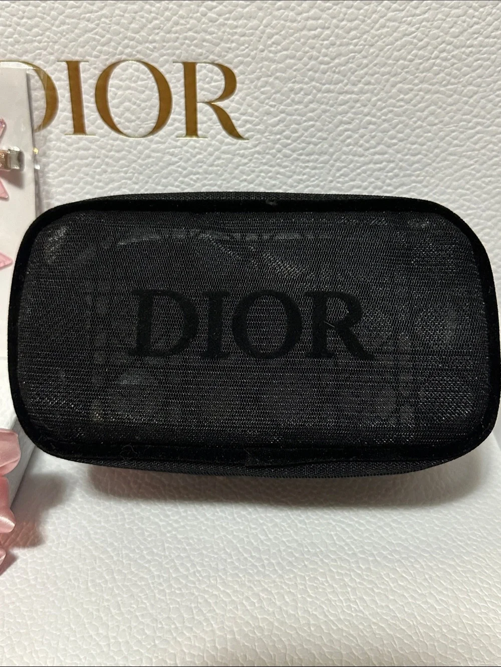 Dior Beauty Mesh Pouch with Light Pink Satin Scrunchie & Pink Star Clip 🌸🖤🤩